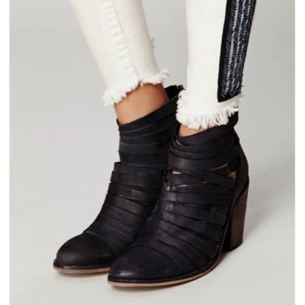 Free People New Boots HYBRID Strappy Suede Leather Booties NIB BLACK Women's 10